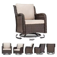 Ensemble de bistro d'extérieur 3 pièces - Chaises berçantes pivotantes en osier tout temps avec coussins - Table d'appoint en verre trempé - Parfait pour le jardin, la véranda, la terrasse