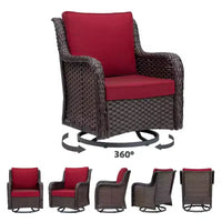 Ensemble de bistro d'extérieur 3 pièces - Chaises berçantes pivotantes en osier tout temps avec coussins - Table d'appoint en verre trempé - Parfait pour le jardin, la véranda, la terrasse
