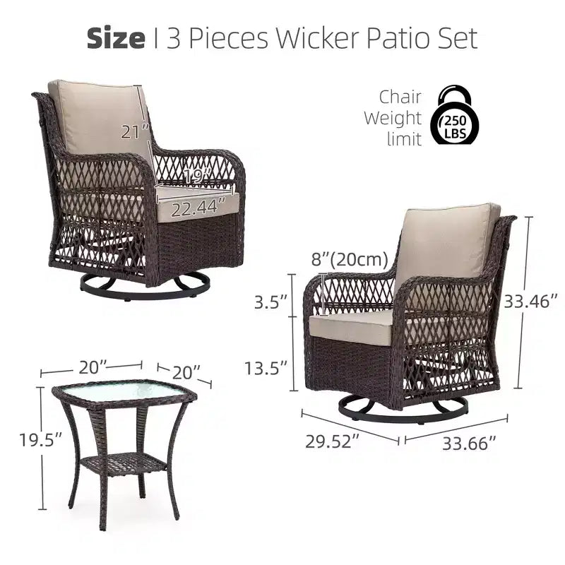 Ensemble de bistro d'extérieur 3 pièces - Chaises berçantes pivotantes en osier tout temps avec coussins - Table d'appoint en verre trempé - Parfait pour le jardin, la véranda, la terrasse