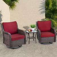 Ensemble de bistro d'extérieur 3 pièces - Chaises berçantes pivotantes en osier tout temps avec coussins - Table d'appoint en verre trempé - Parfait pour le jardin, la véranda, la terrasse