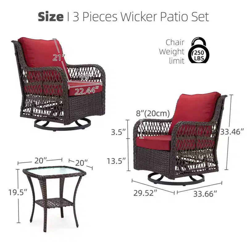 Ensemble de bistro d'extérieur 3 pièces - Chaises berçantes pivotantes en osier tout temps avec coussins - Table d'appoint en verre trempé - Parfait pour le jardin, la véranda, la terrasse