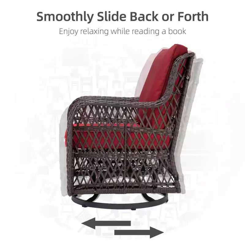 Ensemble de bistro d'extérieur 3 pièces - Chaises berçantes pivotantes en osier tout temps avec coussins - Table d'appoint en verre trempé - Parfait pour le jardin, la véranda, la terrasse