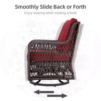 Ensemble de bistro d'extérieur 3 pièces - Chaises berçantes pivotantes en osier tout temps avec coussins - Table d'appoint en verre trempé - Parfait pour le jardin, la véranda, la terrasse