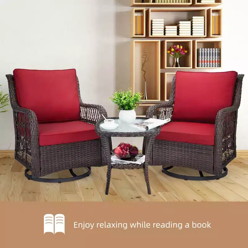 Ensemble de bistro d'extérieur 3 pièces - Chaises berçantes pivotantes en osier tout temps avec coussins - Table d'appoint en verre trempé - Parfait pour le jardin, la véranda, la terrasse