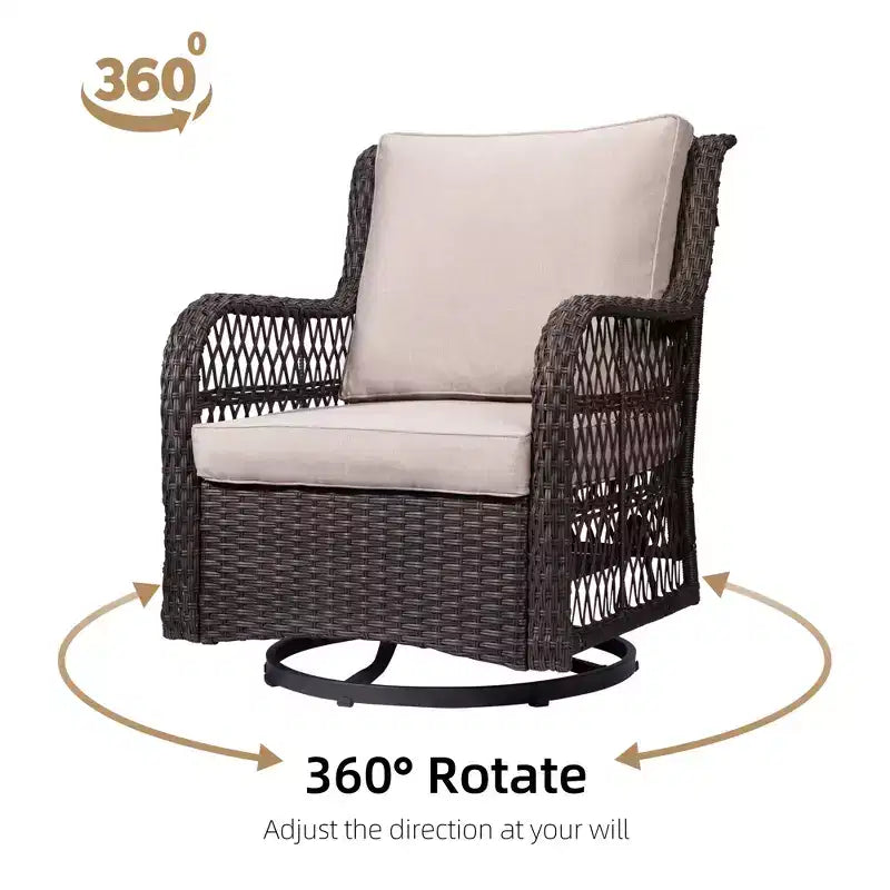 Ensemble de bistro d'extérieur 3 pièces - Chaises berçantes pivotantes en osier tout temps avec coussins - Table d'appoint en verre trempé - Parfait pour le jardin, la véranda, la terrasse
