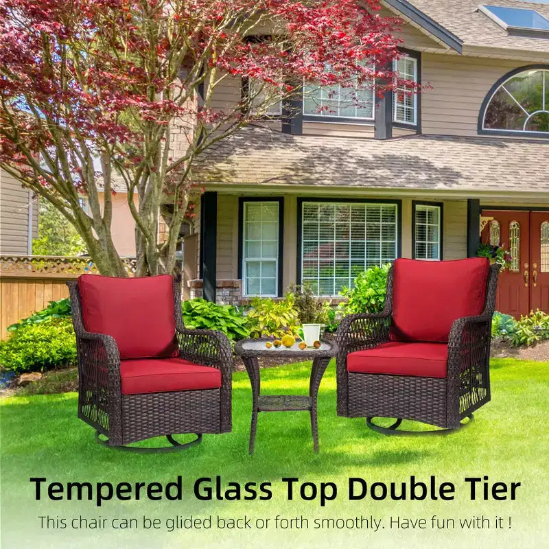 Ensemble de bistro d'extérieur 3 pièces - Chaises berçantes pivotantes en osier tout temps avec coussins - Table d'appoint en verre trempé - Parfait pour le jardin, la véranda, la terrasse