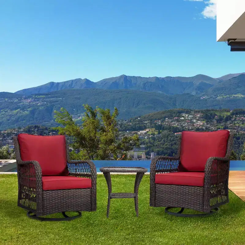 Ensemble de bistro d'extérieur 3 pièces - Chaises berçantes pivotantes en osier tout temps avec coussins - Table d'appoint en verre trempé - Parfait pour le jardin, la véranda, la terrasse