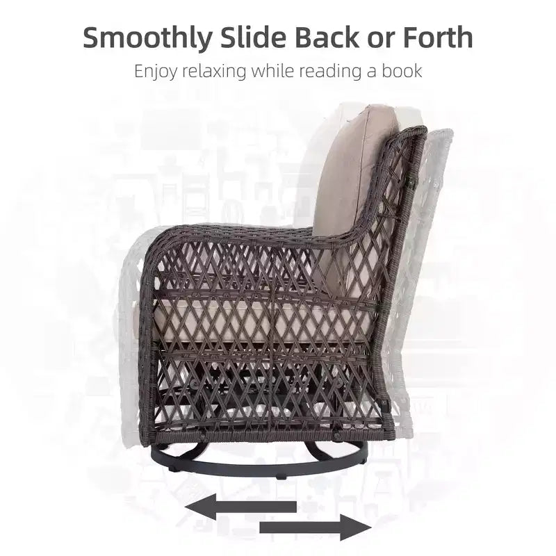 Ensemble de bistro d'extérieur 3 pièces - Chaises berçantes pivotantes en osier tout temps avec coussins - Table d'appoint en verre trempé - Parfait pour le jardin, la véranda, la terrasse