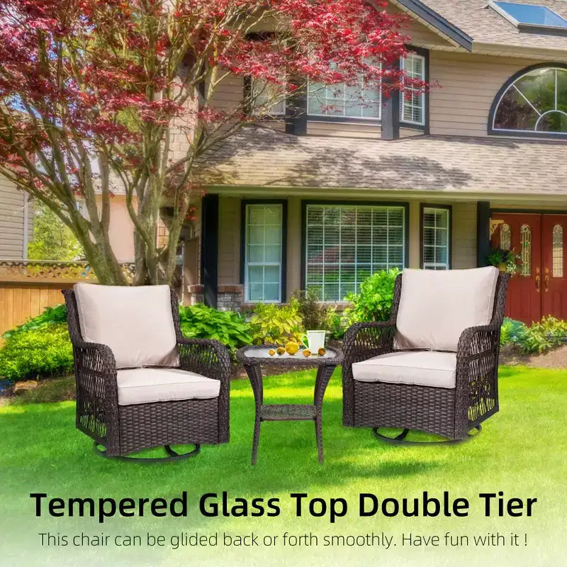 Ensemble de bistro d'extérieur 3 pièces - Chaises berçantes pivotantes en osier tout temps avec coussins - Table d'appoint en verre trempé - Parfait pour le jardin, la véranda, la terrasse