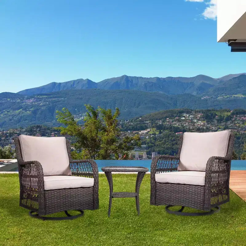 Ensemble de bistro d'extérieur 3 pièces - Chaises berçantes pivotantes en osier tout temps avec coussins - Table d'appoint en verre trempé - Parfait pour le jardin, la véranda, la terrasse