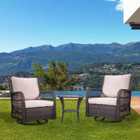 Ensemble de bistro d'extérieur 3 pièces - Chaises berçantes pivotantes en osier tout temps avec coussins - Table d'appoint en verre trempé - Parfait pour le jardin, la véranda, la terrasse