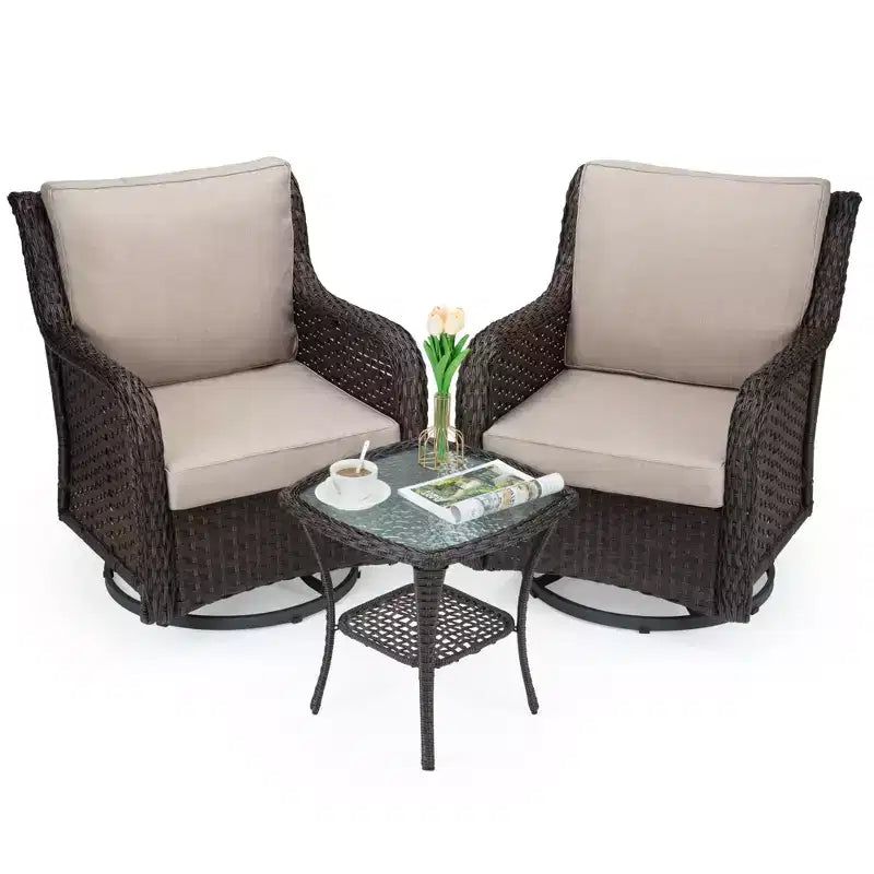 Ensemble de bistro d'extérieur 3 pièces - Chaises berçantes pivotantes en osier tout temps avec coussins - Table d'appoint en verre trempé - Parfait pour le jardin, la véranda, la terrasse