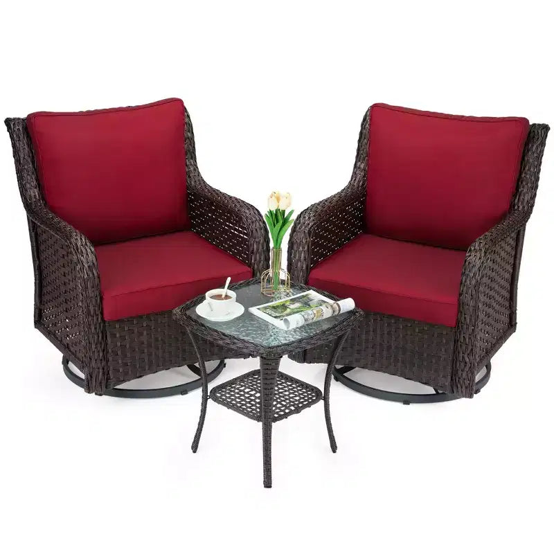 Ensemble de bistro d'extérieur 3 pièces - Chaises berçantes pivotantes en osier tout temps avec coussins - Table d'appoint en verre trempé - Parfait pour le jardin, la véranda, la terrasse