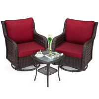 Ensemble de bistro d'extérieur 3 pièces - Chaises berçantes pivotantes en osier tout temps avec coussins - Table d'appoint en verre trempé - Parfait pour le jardin, la véranda, la terrasse