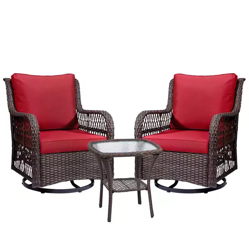 Ensemble de bistro d'extérieur 3 pièces - Chaises berçantes pivotantes en osier tout temps avec coussins - Table d'appoint en verre trempé - Parfait pour le jardin, la véranda, la terrasse