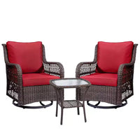 Ensemble de bistro d'extérieur 3 pièces - Chaises berçantes pivotantes en osier tout temps avec coussins - Table d'appoint en verre trempé - Parfait pour le jardin, la véranda, la terrasse