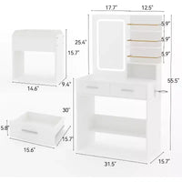 Coiffeuse avec miroir lumineux LED et prise de courant avec 3 modes de couleur et luminosité réglable, 2 tiroirs et 4 étagères de rangement, pour le maquillage, chambre à coucher