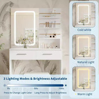 Coiffeuse avec miroir lumineux LED et prise de courant avec 3 modes de couleur et luminosité réglable, 2 tiroirs et 4 étagères de rangement, pour le maquillage, chambre à coucher