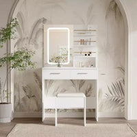 Coiffeuse avec miroir lumineux LED et prise de courant avec 3 modes de couleur et luminosité réglable, 2 tiroirs et 4 étagères de rangement, pour le maquillage, chambre à coucher