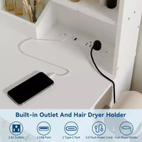 Coiffeuse avec miroir lumineux LED et prise de courant avec 3 modes de couleur et luminosité réglable, 2 tiroirs et 4 étagères de rangement, pour le maquillage, chambre à coucher