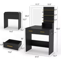 Coiffeuse avec miroir lumineux LED et prise de courant avec 3 modes de couleur et luminosité réglable, 2 tiroirs et 4 étagères de rangement, pour le maquillage, chambre à coucher