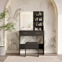 Coiffeuse avec miroir lumineux LED et prise de courant avec 3 modes de couleur et luminosité réglable, 2 tiroirs et 4 étagères de rangement, pour le maquillage, chambre à coucher