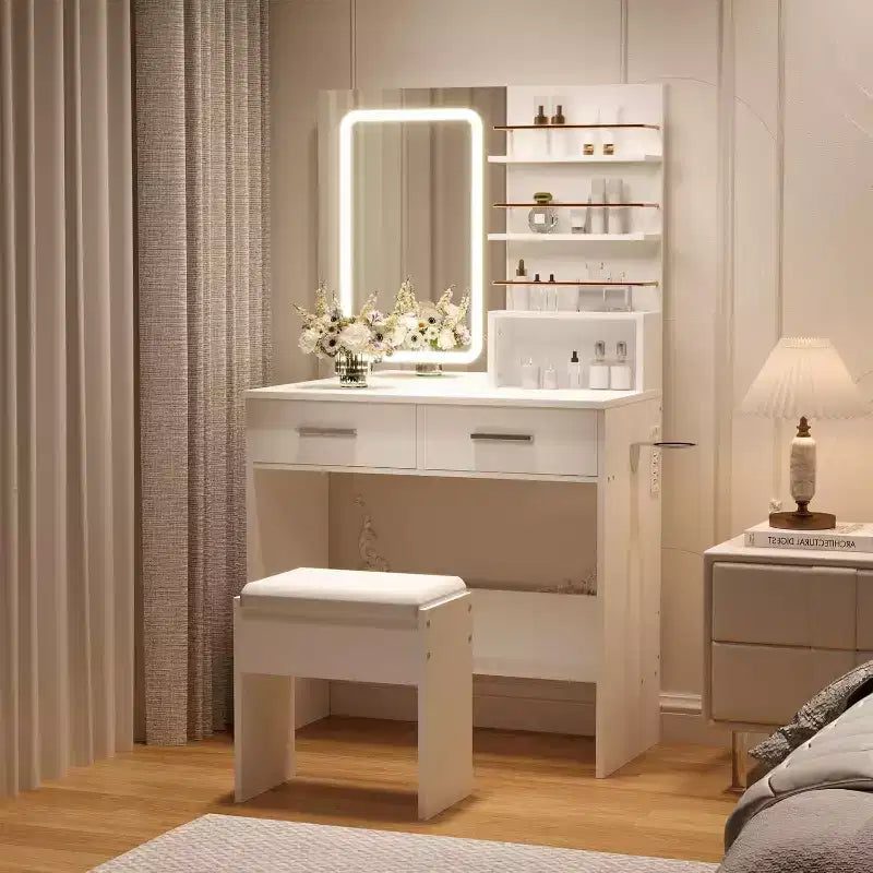 Coiffeuse avec miroir lumineux LED et prise de courant avec 3 modes de couleur et luminosité réglable, 2 tiroirs et 4 étagères de rangement, pour le maquillage, chambre à coucher