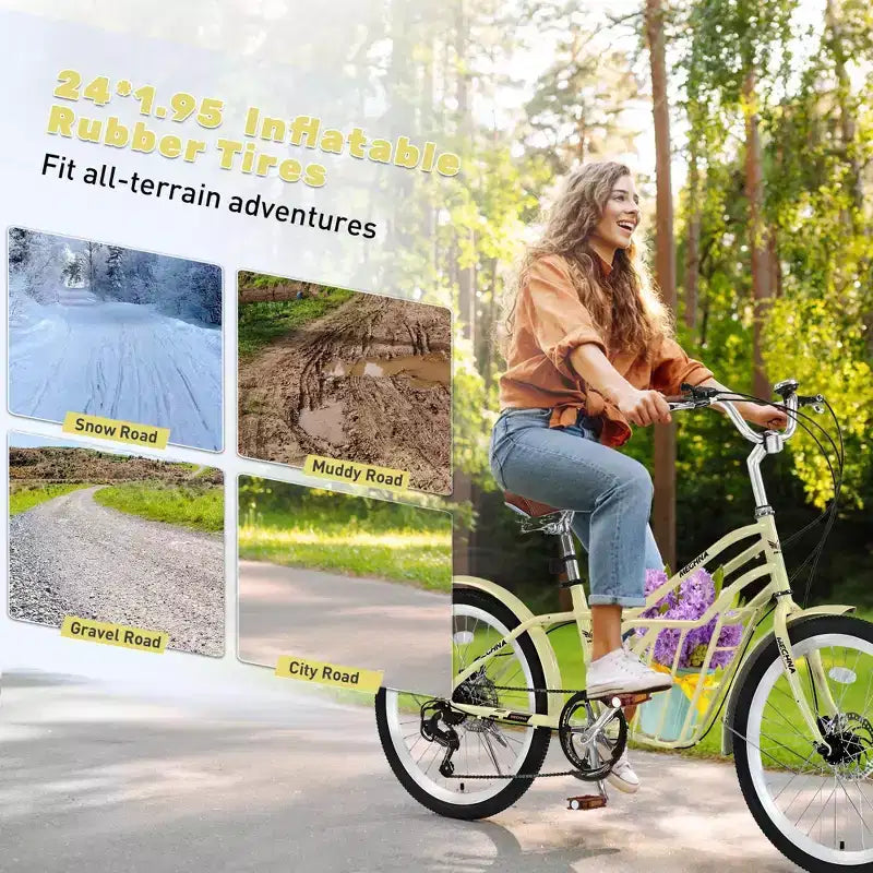 NAYSAYE Vélo de ville 24 pouces pour adultes, 6 vitesses, vélo hybride de ville avec double frein en V, selle réglable, cadre en acier pour femmes et hommes, trajets quotidiens et loisirs