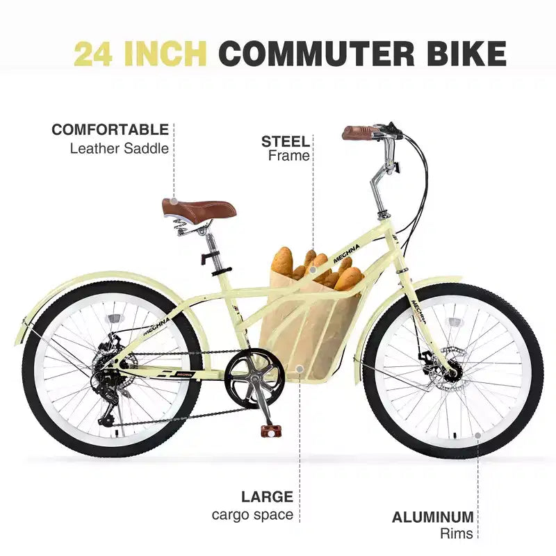 NAYSAYE Vélo de ville 24 pouces pour adultes, 6 vitesses, vélo hybride de ville avec double frein en V, selle réglable, cadre en acier pour femmes et hommes, trajets quotidiens et loisirs