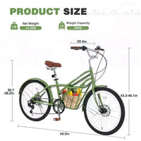 NAYSAYE Vélo de ville 24 pouces pour adultes, 6 vitesses, vélo hybride de ville avec double frein en V, selle réglable, cadre en acier pour femmes et hommes, trajets quotidiens et loisirs