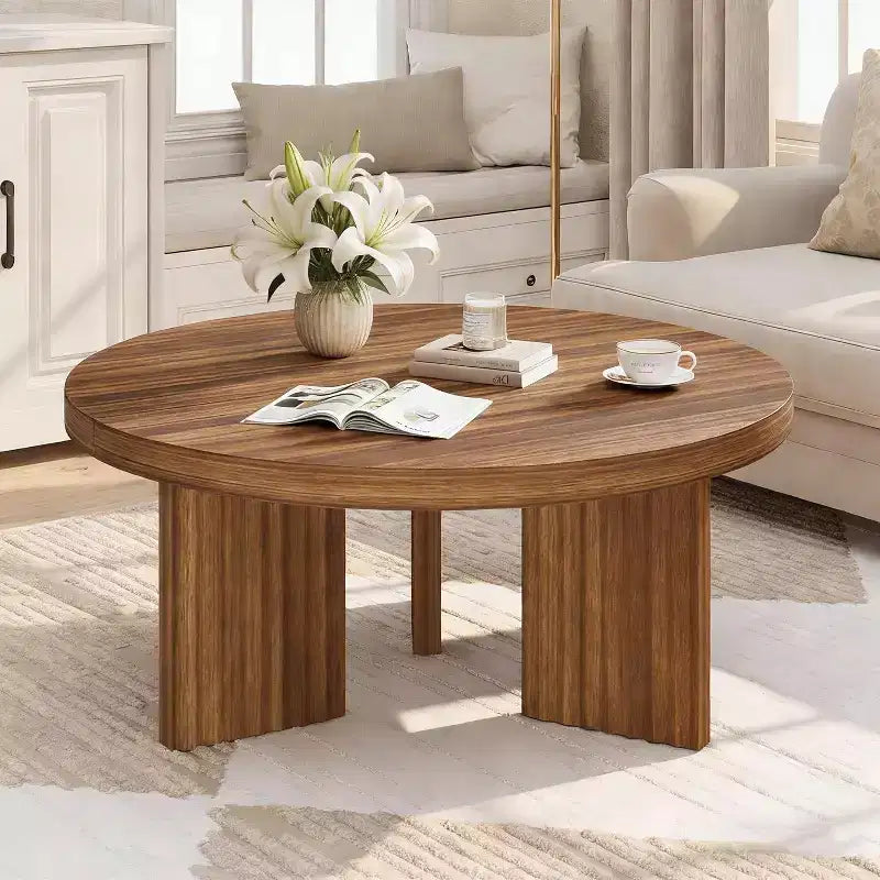 Petite table basse ronde 33.4 - plateau épais de 1.3 avec pieds cannelés, table cocktail d'appoint pour salon chambre assemblage facile
