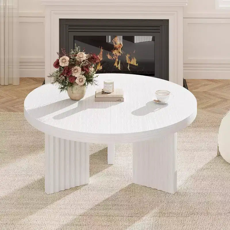 Petite table basse ronde 33.4 - plateau épais de 1.3 avec pieds cannelés, table cocktail d'appoint pour salon chambre assemblage facile