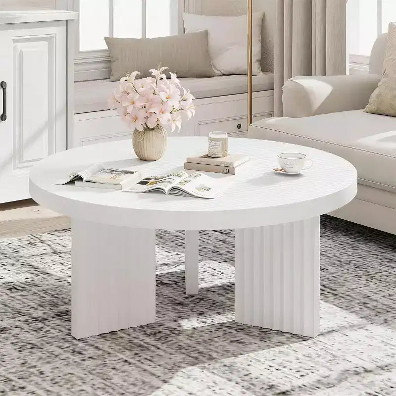 Petite table basse ronde 33.4 - plateau épais de 1.3 avec pieds cannelés, table cocktail d'appoint pour salon chambre assemblage facile