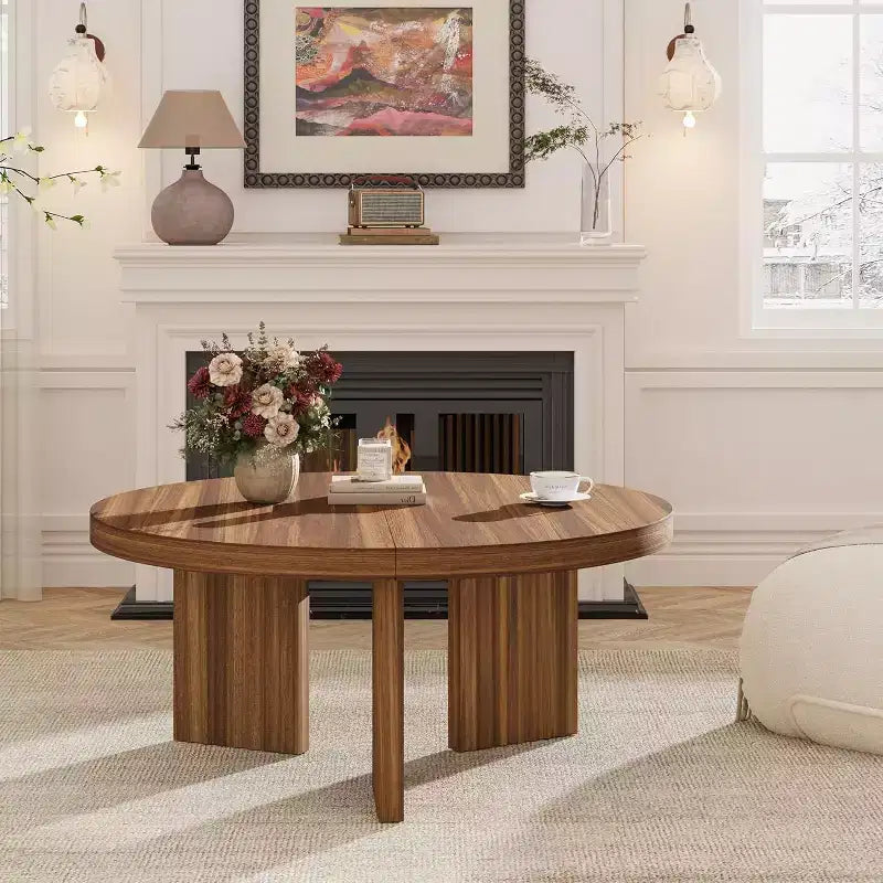 Petite table basse ronde 33.4 - plateau épais de 1.3 avec pieds cannelés, table cocktail d'appoint pour salon chambre assemblage facile