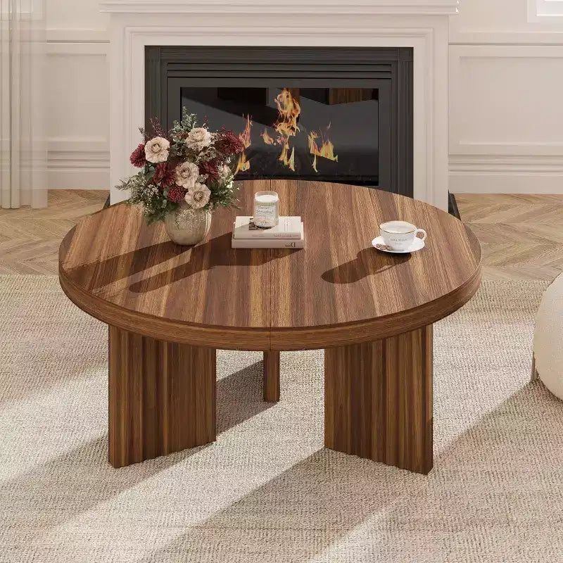 Petite table basse ronde 33.4 - plateau épais de 1.3 avec pieds cannelés, table cocktail d'appoint pour salon chambre assemblage facile
