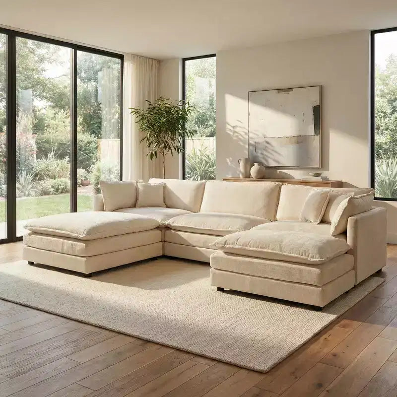 Canapé d'angle modulaire en chenille en forme de U Homy Casa avec poufs réversibles, confort coussiné profond, beige