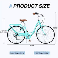 NAYSAYE Vélo Cruiser 24 Pouces 7 Vitesses pour Femmes Vélo Cruiser Complet avec Double Frein en V Selle Réglable Cadre en Acier pour Femmes Hommes Trajets Quotidiens Loisirs