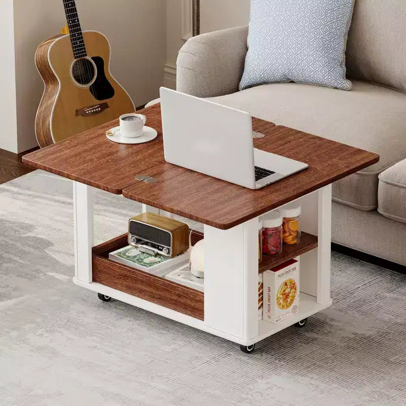 Table basse moderne multifonctionnelle JVNOXK de 70 cm, table d'appoint de rangement multi-niveaux avec plateau pliable et roulettes lisses, blanc et noyer