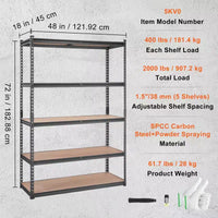 Étagère de rangement VEVOR, 5 niveaux réglables, capacité de 907 kg, étagères de garage robustes, organisateur en métal, rayonnage utilitaire, noir, 45,7 P x 121,9 L x 182,9 H cm