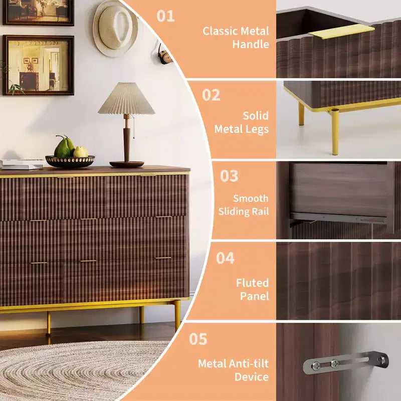 COZONY commode 7 tiroirs cannelée large 54, meuble de rangement moderne en bois au design incurvé et poignées métalliques pour chambre salon