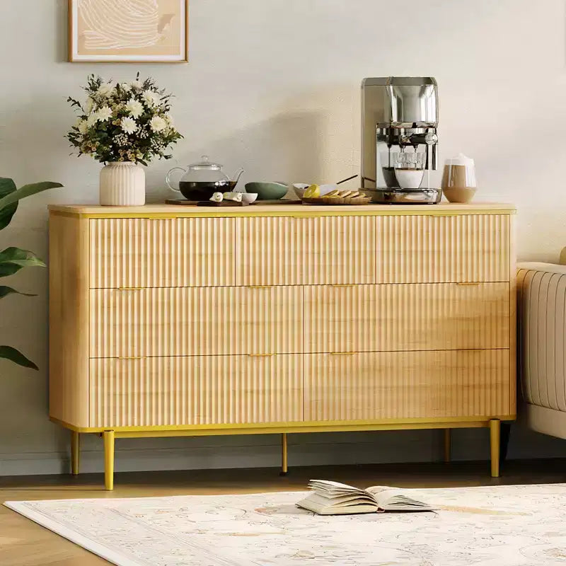 COZONY commode 7 tiroirs cannelée large 54, meuble de rangement moderne en bois au design incurvé et poignées métalliques pour chambre salon