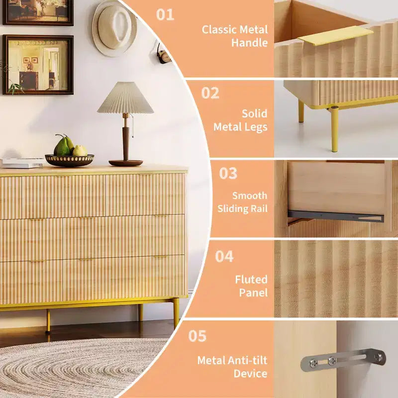 COZONY commode 7 tiroirs cannelée large 54, meuble de rangement moderne en bois au design incurvé et poignées métalliques pour chambre salon