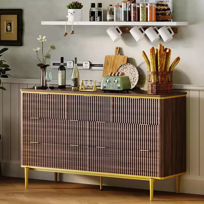 COZONY commode 7 tiroirs cannelée large 54, meuble de rangement moderne en bois au design incurvé et poignées métalliques pour chambre salon
