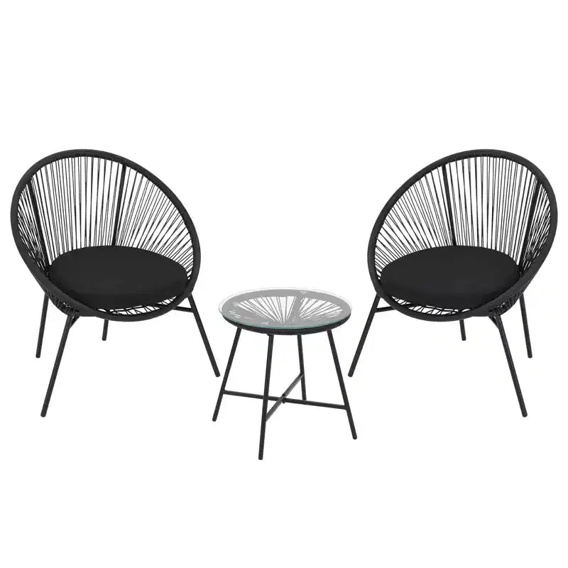Ensemble bistrot 3 pièces d'extérieur en rotin avec 2 chaises rembourrées et table en verre trempé, mobilier de patio en osier PE résistant aux intempéries pour porche, jardin