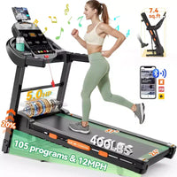 Tapis Roulant 5 CV en Promotion - Tapis de Course avec Inclinaison à 20%, Pliable pour Maison, Petits Espaces, Haut-parleurs Bluetooth, Contrôle par Application, Poignées Capteurs de Pouls, Capacité 180 kg