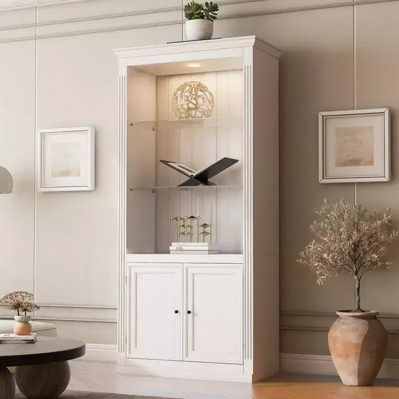 Bibliothèque de 200 cm de haut, Vitrine avec plafonnier LED réglable 5 couleurs et étagères en verre trempé, Style rétro - ModernLuxe