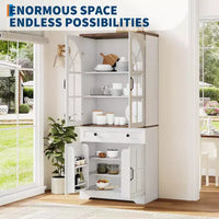 Armoire de cuisine haute de 72 po style ferme avec portes en verre cintrées et étagères réglables