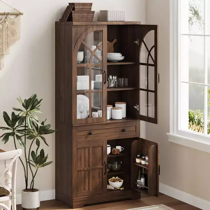 Armoire de cuisine haute de 72 po style ferme avec portes en verre cintrées et étagères réglables