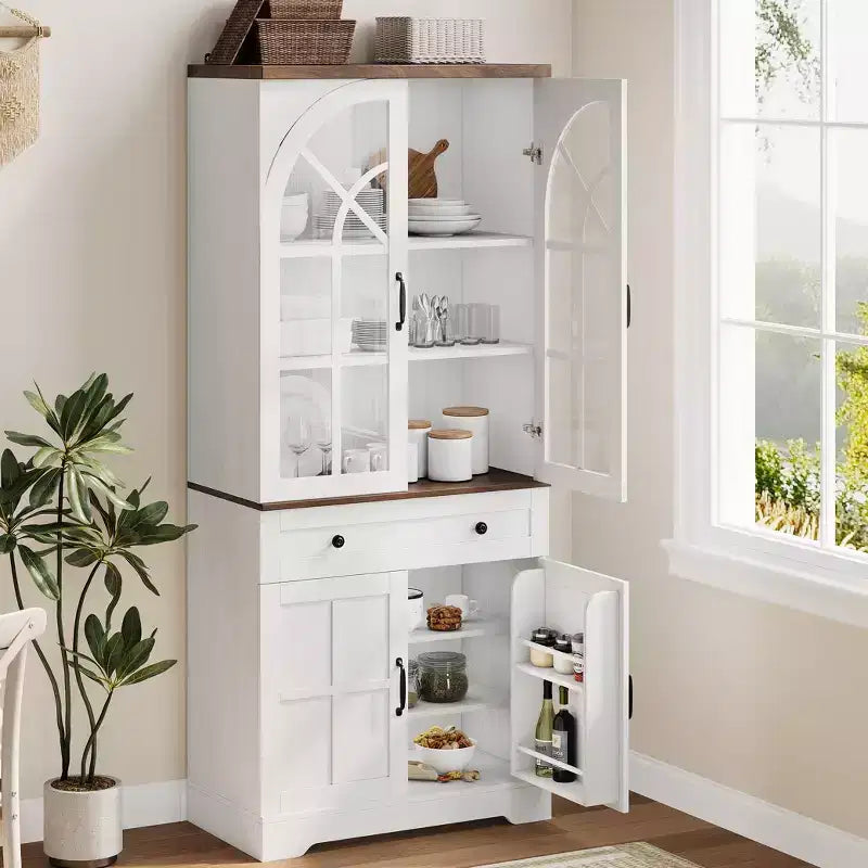 Armoire de cuisine haute de 72 po style ferme avec portes en verre cintrées et étagères réglables