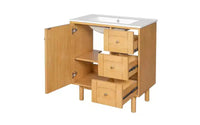 JVNOXK Meuble sous-vasque rustique moderne en céramique de 30 pouces avec 3 tiroirs et 1 grande porte à fermeture douce, meuble de rangement, grain de bois naturel
